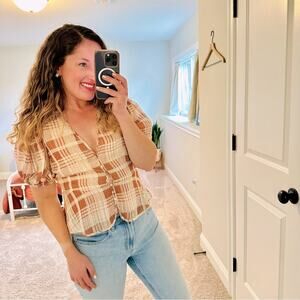 LoveShackFancy Brown Cream Plaid Silk Blouse Medium